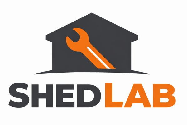 Logo of Shed Lab with a garage-like structure and wrench on a white background