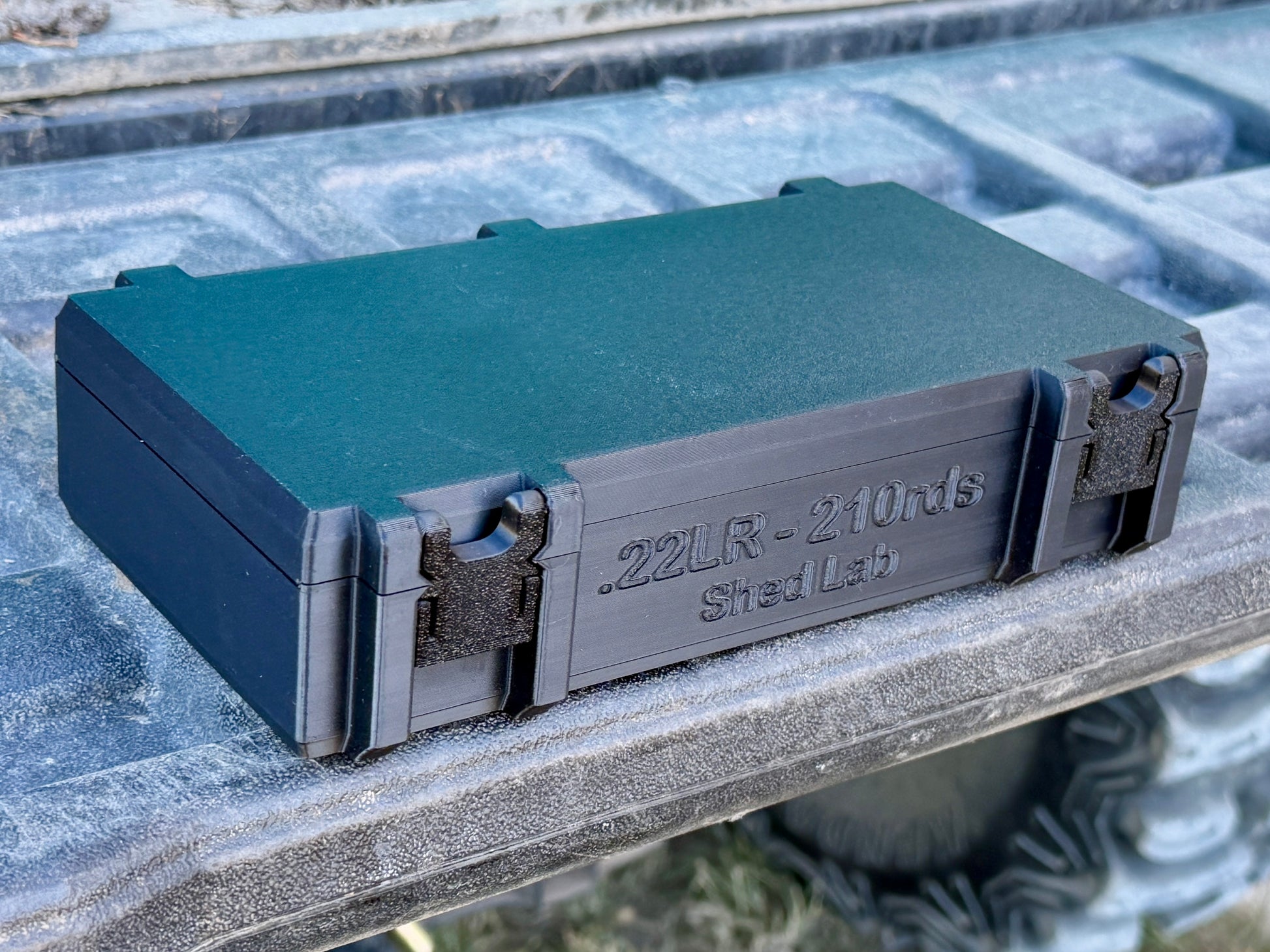Top view of .22LR ammo storage case designed for hunting and range use