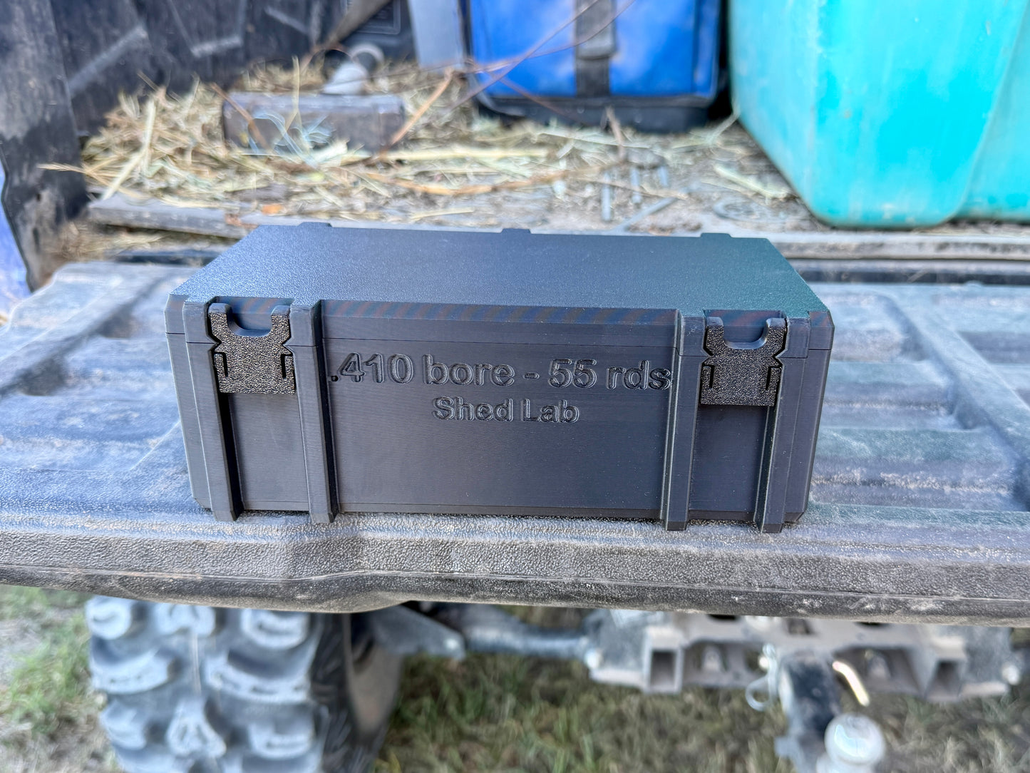 410 shotgun ammunition storage box holding 55 shells with secure latch closure