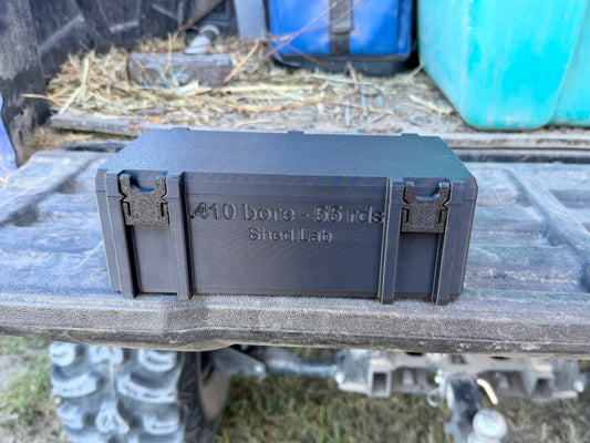 410 shotgun ammunition storage box holding 55 shells with secure latch closure