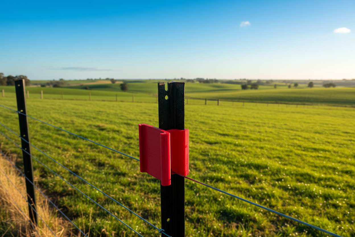 Fence Post Rain Gauge Bracket in Australian farm setting